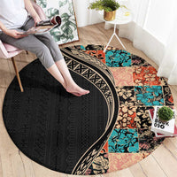 Hawaiian Hibiscus and Tropical Leaves Round Carpet Patchwork Grunge Abstract and Tapa Tribal Pattern Half Style LT03 - Polynesian Pride