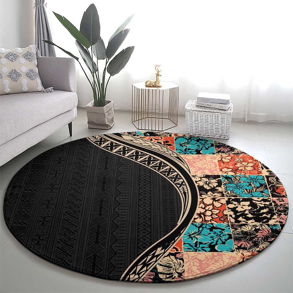 Hawaiian Hibiscus and Tropical Leaves Round Carpet Patchwork Grunge Abstract and Tapa Tribal Pattern Half Style LT03 - Polynesian Pride