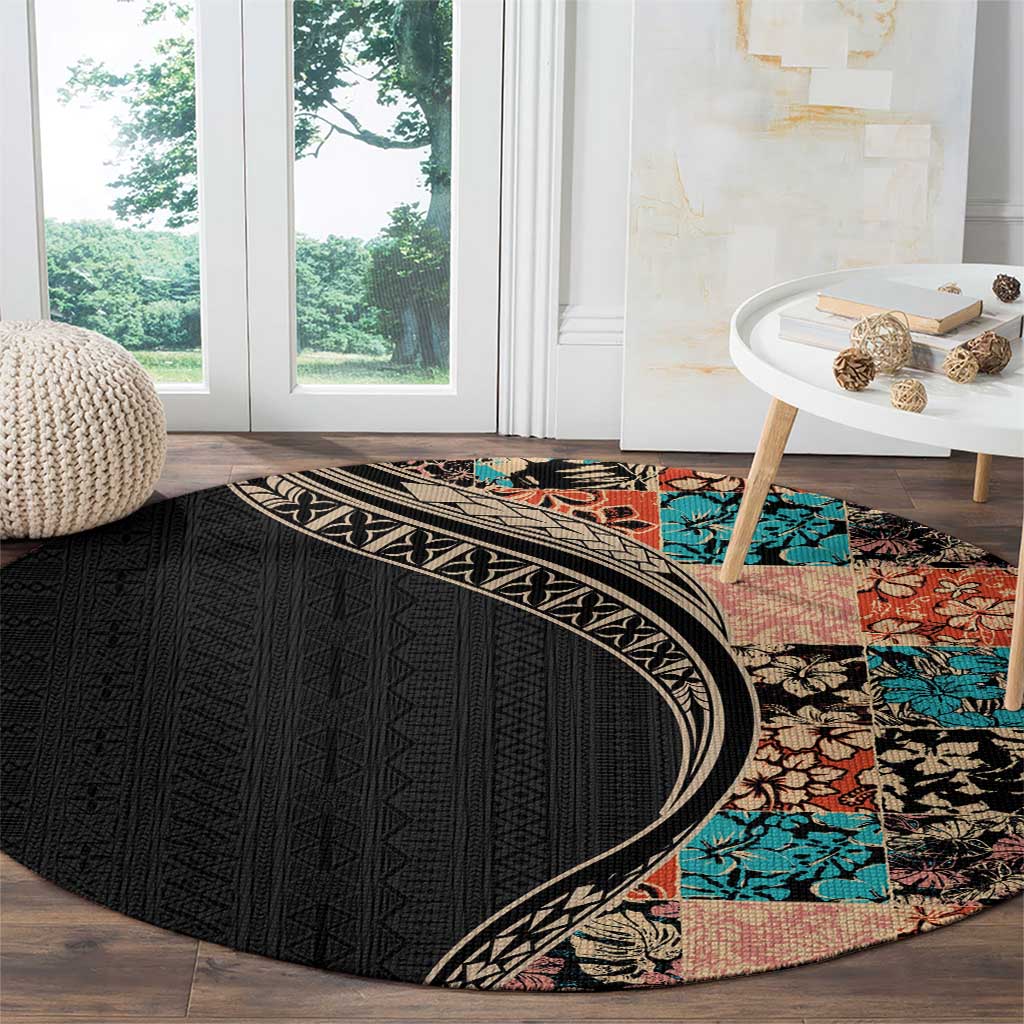 Hawaiian Hibiscus and Tropical Leaves Round Carpet Patchwork Grunge Abstract and Tapa Tribal Pattern Half Style LT03 - Polynesian Pride