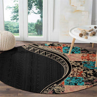 Hawaiian Hibiscus and Tropical Leaves Round Carpet Patchwork Grunge Abstract and Tapa Tribal Pattern Half Style LT03 - Polynesian Pride