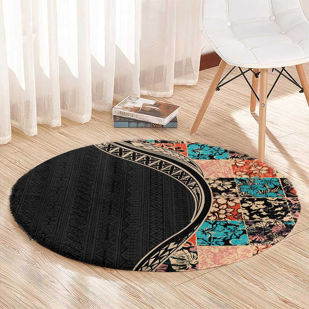 Hawaiian Hibiscus and Tropical Leaves Round Carpet Patchwork Grunge Abstract and Tapa Tribal Pattern Half Style LT03 - Polynesian Pride