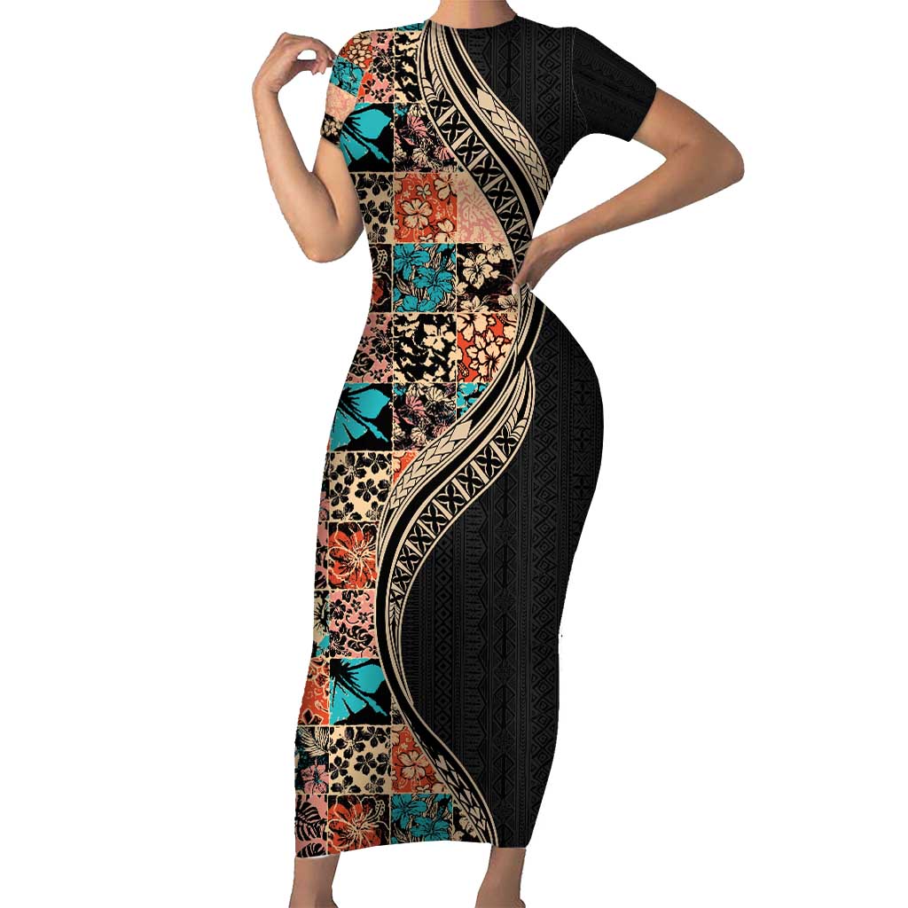 Hawaiian Hibiscus and Tropical Leaves Short Sleeve Bodycon Dress Patchwork Grunge Abstract and Tapa Tribal Pattern Half Style LT03 Long Dress Black - Polynesian Pride