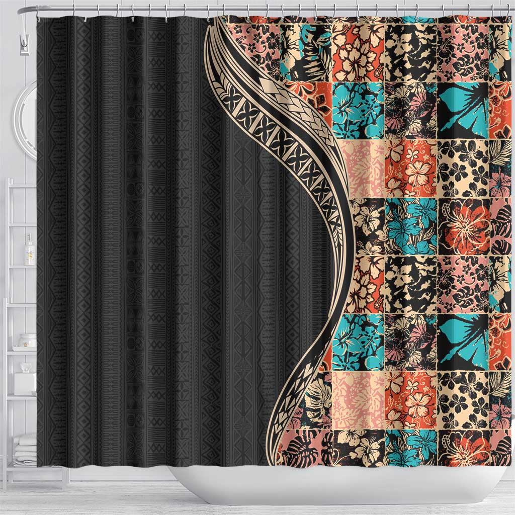 Hawaiian Hibiscus and Tropical Leaves Shower Curtain Patchwork Grunge Abstract and Tapa Tribal Pattern Half Style