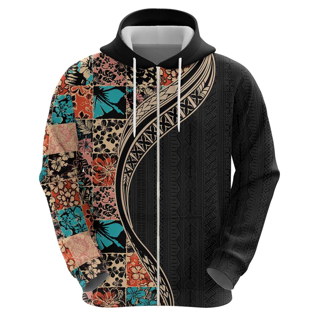 Hawaiian Hibiscus and Tropical Leaves Zip Hoodie Patchwork Grunge Abstract and Tapa Tribal Pattern Half Style