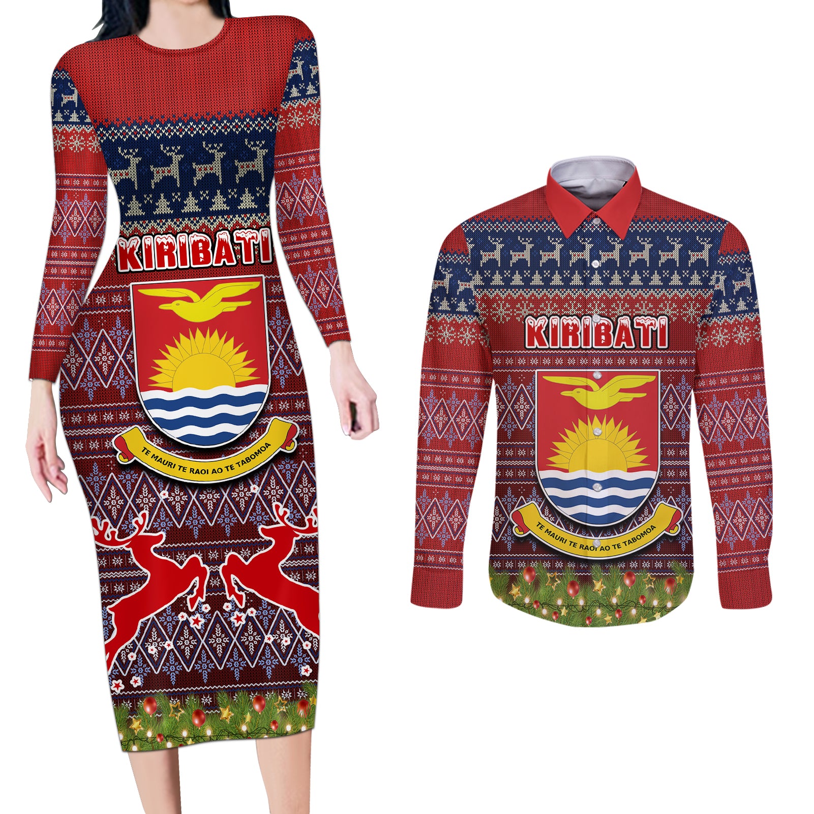 personalised-kiribati-christmas-couples-matching-long-sleeve-bodycon-dress-and-long-sleeve-button-shirts-coat-of-arms-and-map-beautiful-merry-xmas-snowflake