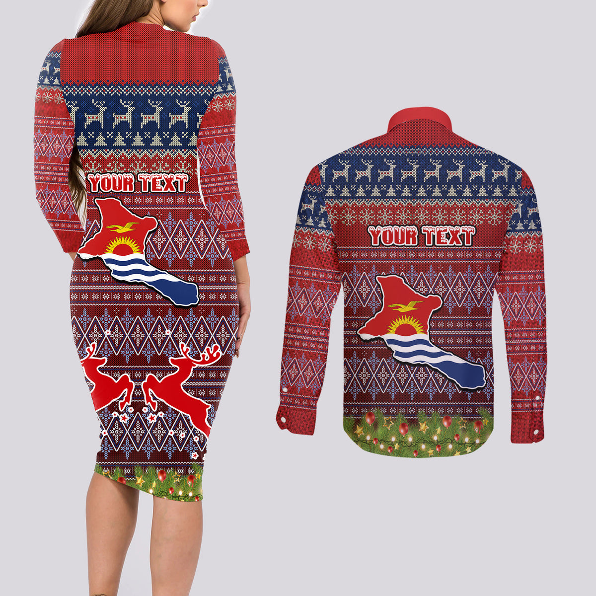personalised-kiribati-christmas-couples-matching-long-sleeve-bodycon-dress-and-long-sleeve-button-shirts-coat-of-arms-and-map-beautiful-merry-xmas-snowflake