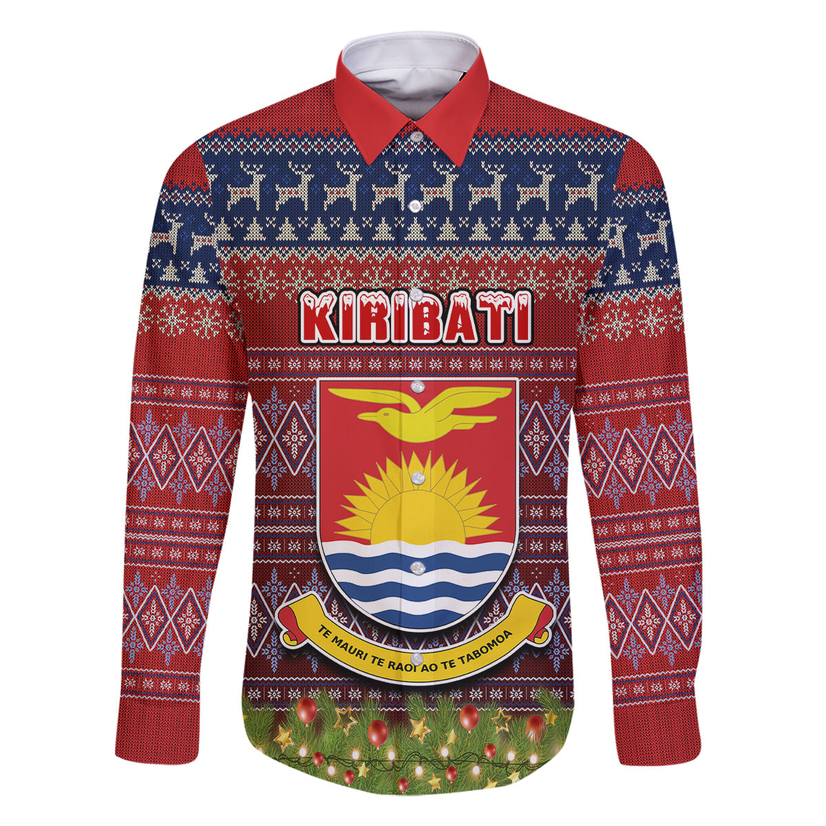 personalised-kiribati-christmas-family-matching-off-shoulder-short-dress-and-hawaiian-shirt-coat-of-arms-and-map-beautiful-merry-xmas-snowflake
