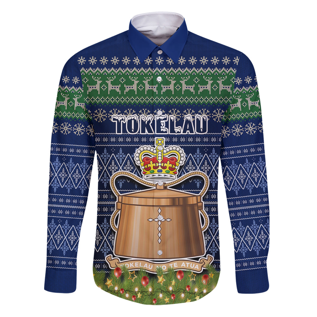 Tokelau Christmas Family Matching Puletasi Dress and Hawaiian Shirt Coat of Arms and Map Beautiful Merry Xmas Snowflake LT03 Dad's Shirt - Long Sleeve Blue - Polynesian Pride