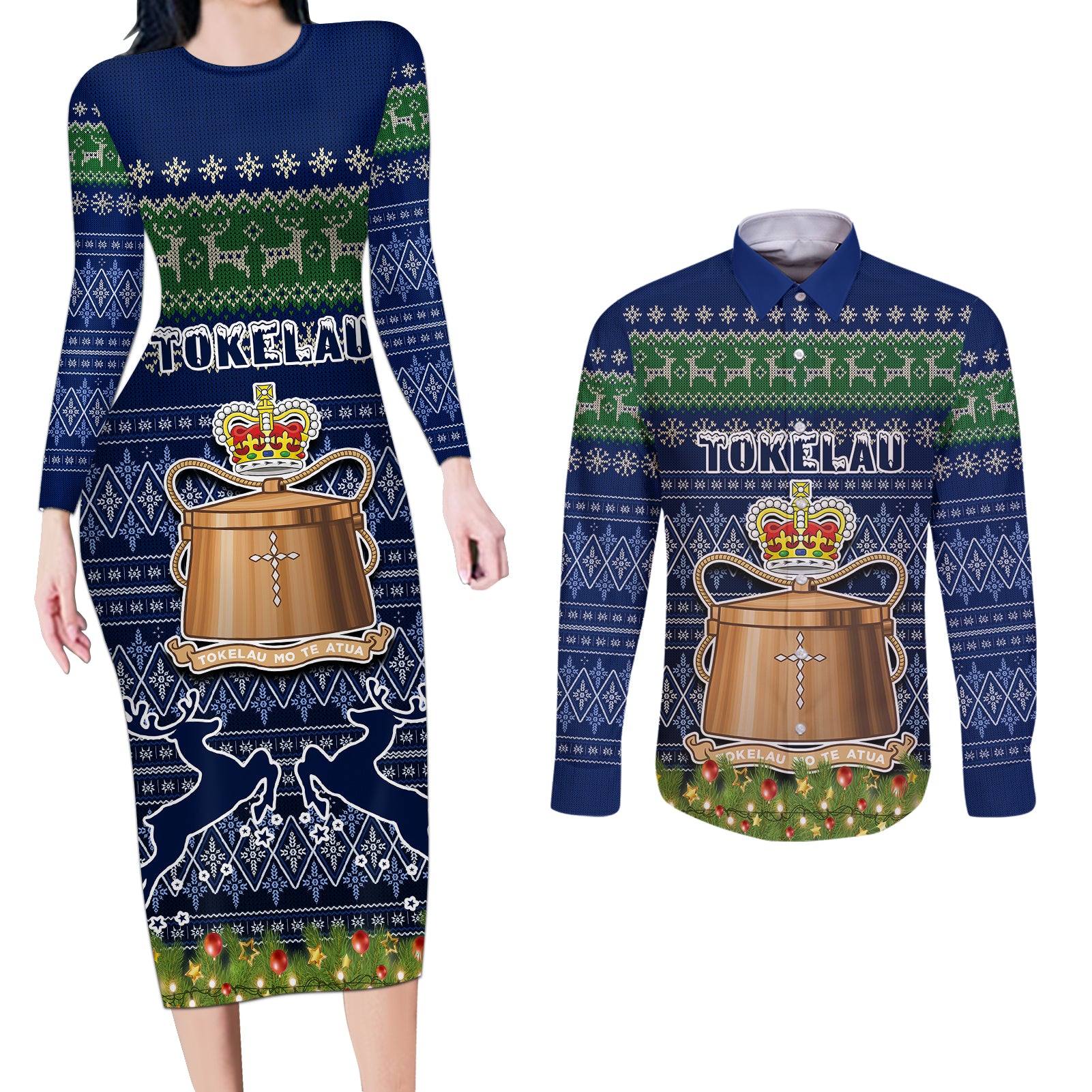 personalised-tokelau-christmas-couples-matching-long-sleeve-bodycon-dress-and-long-sleeve-button-shirts-coat-of-arms-and-map-beautiful-merry-xmas-snowflake