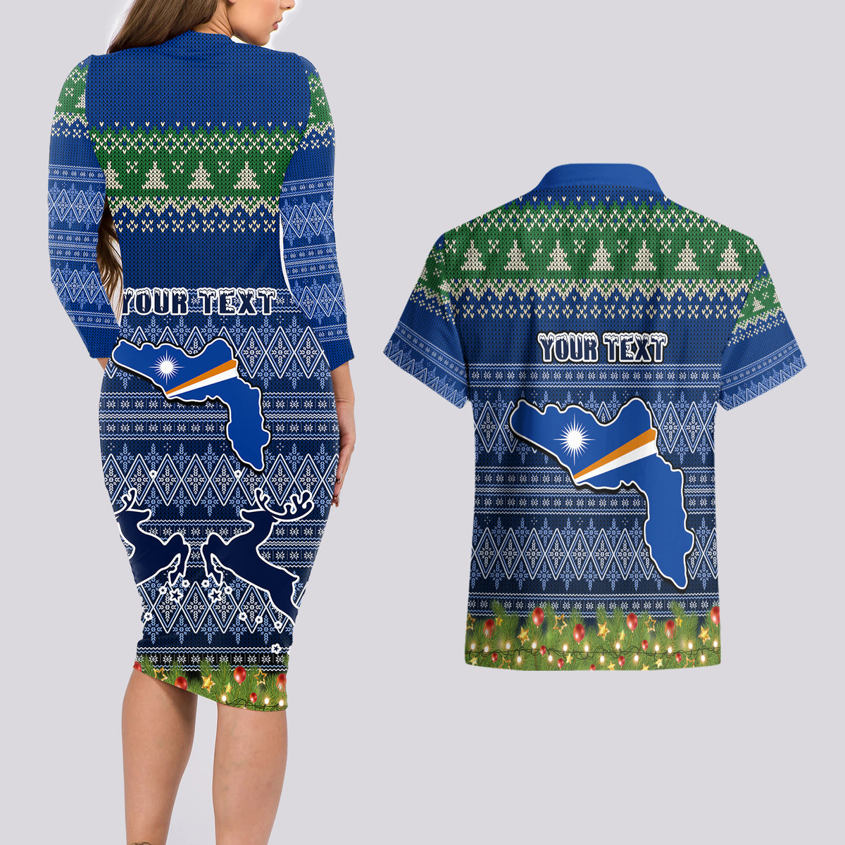 personalised-marshall-islands-christmas-couples-matching-long-sleeve-bodycon-dress-and-hawaiian-shirt-coat-of-arms-and-map-beautiful-merry-xmas-snowflake