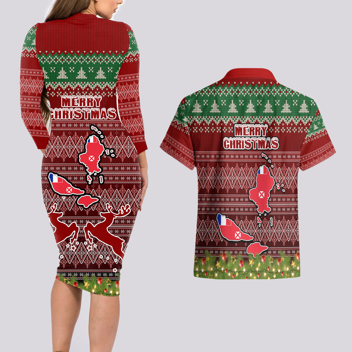 wallis-and-futuna-christmas-couples-matching-long-sleeve-bodycon-dress-and-hawaiian-shirt-coat-of-arms-and-map-beautiful-merry-xmas-snowflake