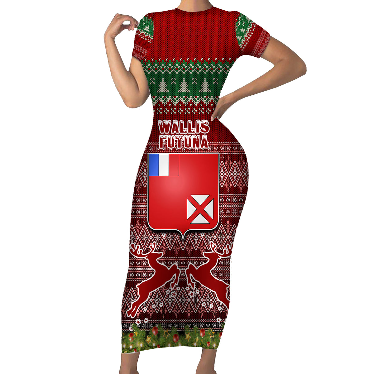 wallis-and-futuna-christmas-family-matching-short-sleeve-bodycon-dress-and-hawaiian-shirt-coat-of-arms-and-map-beautiful-merry-xmas-snowflake
