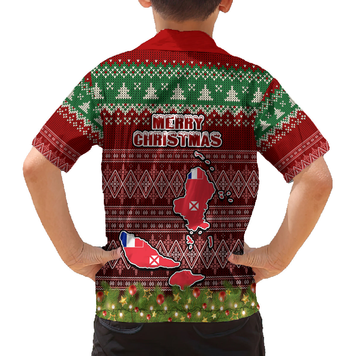 wallis-and-futuna-christmas-family-matching-summer-maxi-dress-and-hawaiian-shirt-coat-of-arms-and-map-beautiful-merry-xmas-snowflake