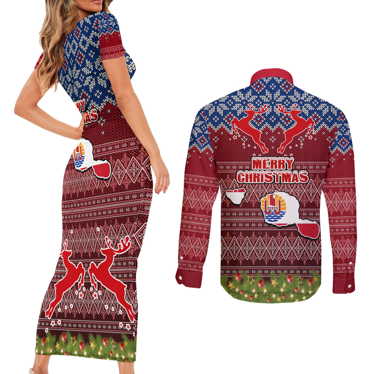 french-polynesia-christmas-couples-matching-short-sleeve-bodycon-dress-and-long-sleeve-button-shirts-coat-of-arms-and-map-beautiful-merry-xmas-snowflake