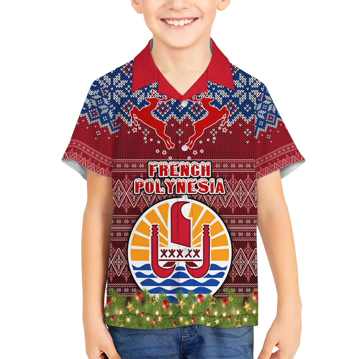 french-polynesia-christmas-family-matching-short-sleeve-bodycon-dress-and-hawaiian-shirt-coat-of-arms-and-map-beautiful-merry-xmas-snowflake