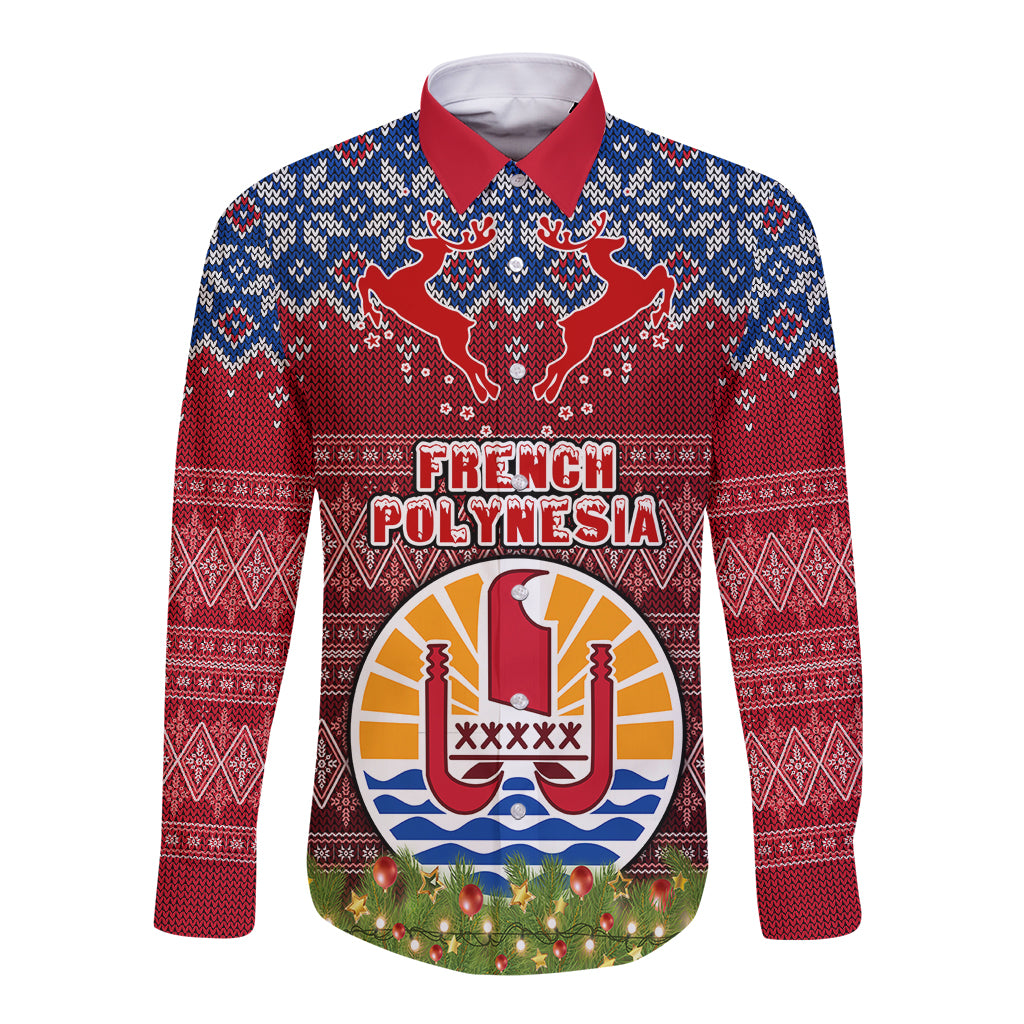 french-polynesia-christmas-long-sleeve-button-shirt-coat-of-arms-and-map-beautiful-merry-xmas-snowflake