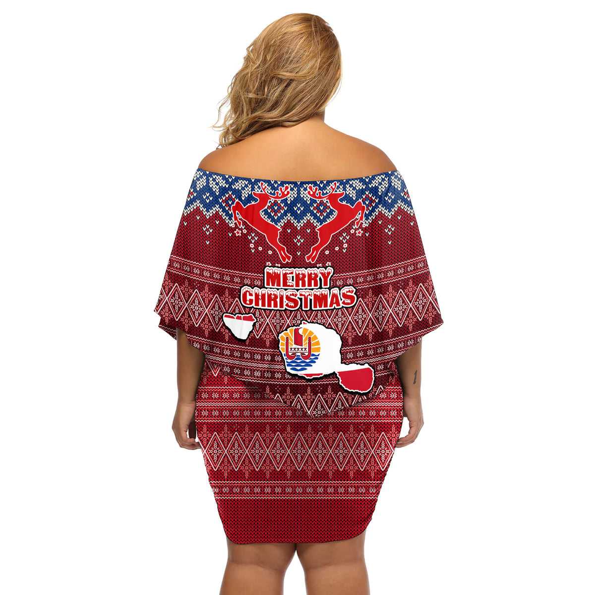 french-polynesia-christmas-off-shoulder-short-dress-coat-of-arms-and-map-beautiful-merry-xmas-snowflake