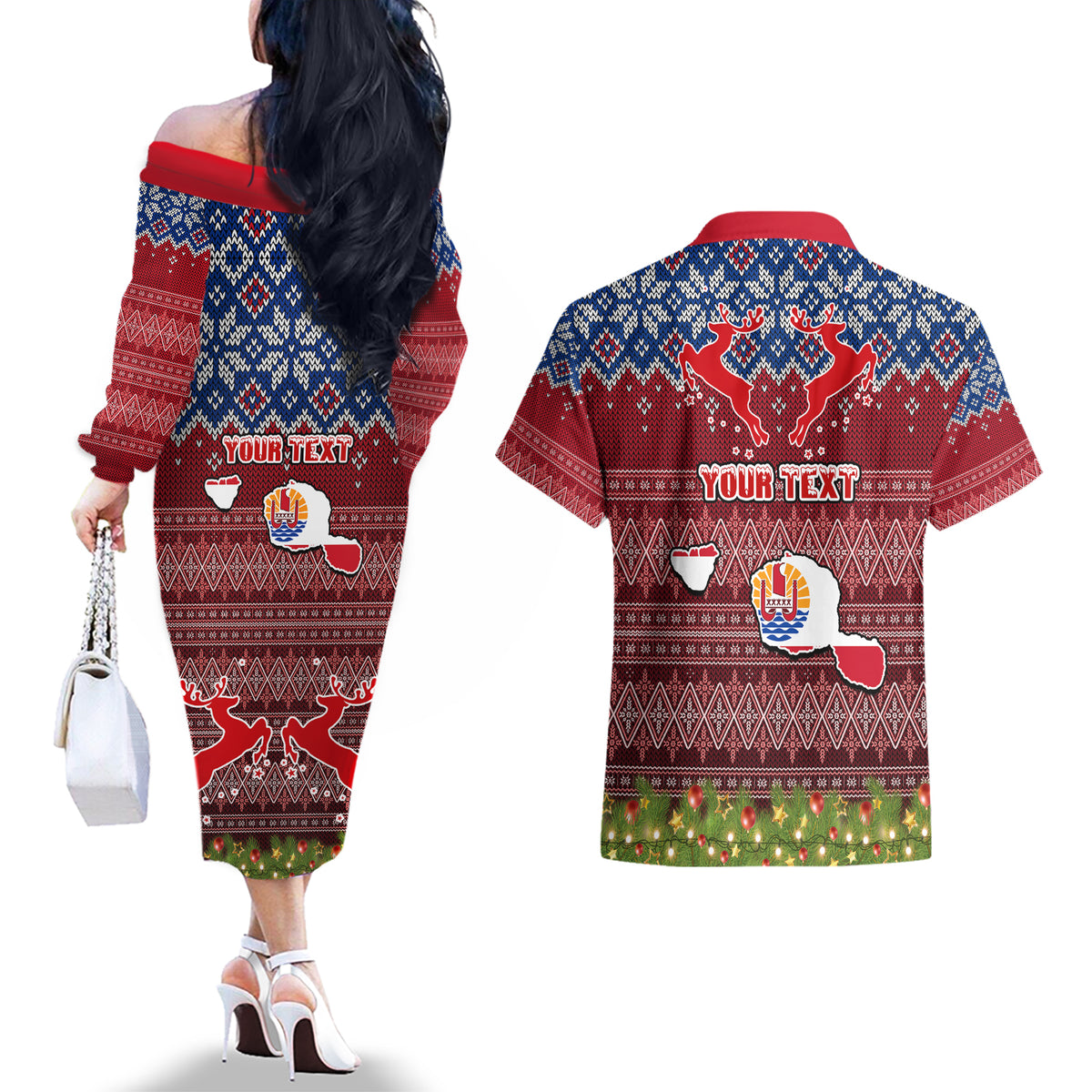 personalised-french-polynesia-christmas-couples-matching-off-the-shoulder-long-sleeve-dress-and-hawaiian-shirt-coat-of-arms-and-map-beautiful-merry-xmas-snowflake