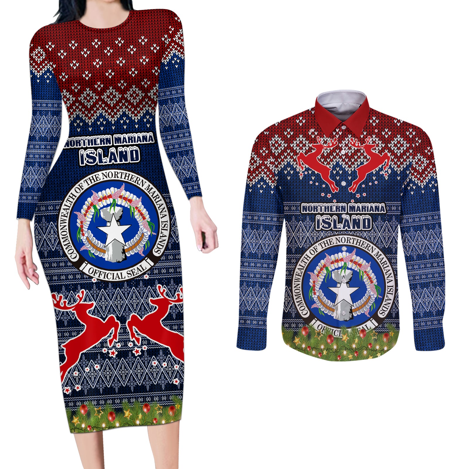 northern-mariana-islands-christmas-couples-matching-long-sleeve-bodycon-dress-and-long-sleeve-button-shirts-coat-of-arms-and-map-beautiful-merry-xmas-snowflake