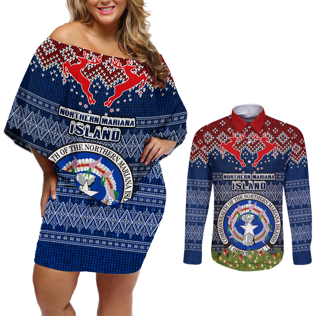 northern-mariana-islands-christmas-couples-matching-off-shoulder-short-dress-and-long-sleeve-button-shirts-coat-of-arms-and-map-beautiful-merry-xmas-snowflake