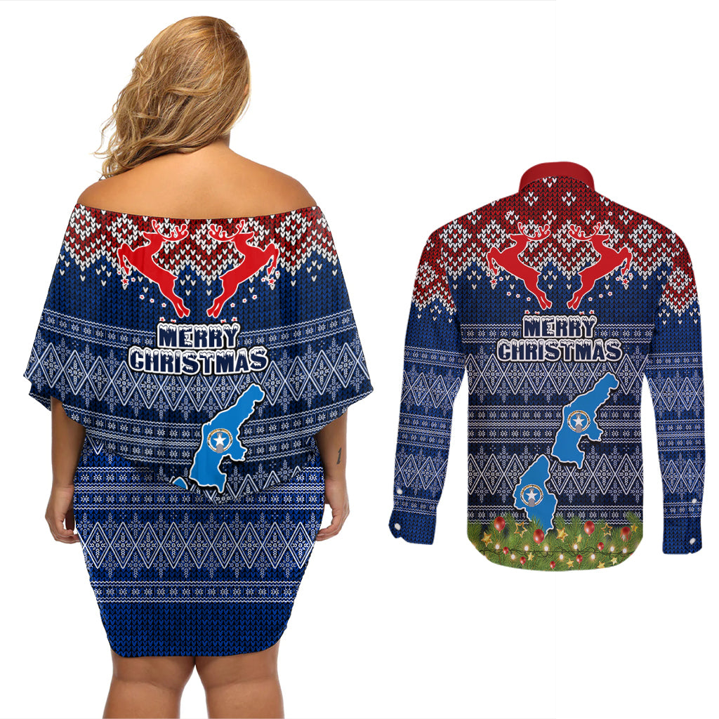northern-mariana-islands-christmas-couples-matching-off-shoulder-short-dress-and-long-sleeve-button-shirts-coat-of-arms-and-map-beautiful-merry-xmas-snowflake