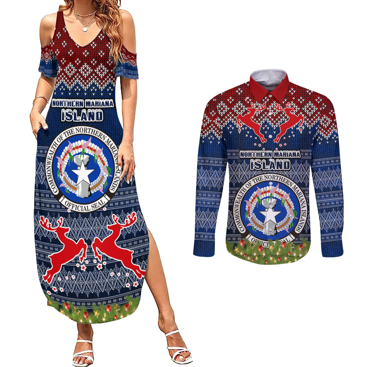 northern-mariana-islands-christmas-couples-matching-summer-maxi-dress-and-long-sleeve-button-shirts-coat-of-arms-and-map-beautiful-merry-xmas-snowflake