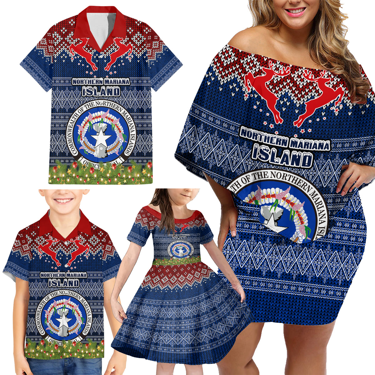 northern-mariana-islands-christmas-family-matching-off-shoulder-short-dress-and-hawaiian-shirt-coat-of-arms-and-map-beautiful-merry-xmas-snowflake