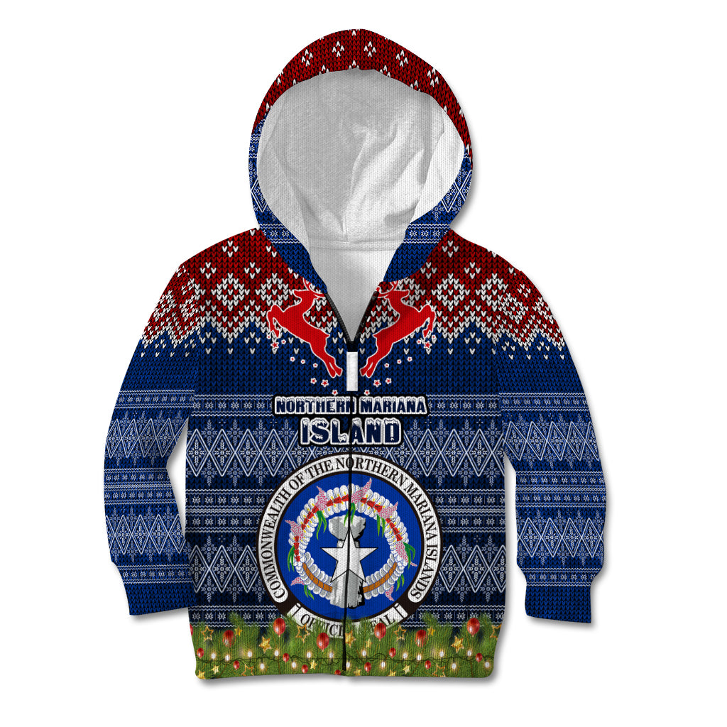 Northern Mariana Islands Christmas Kid Hoodie Coat of Arms and Map Beautiful Merry Xmas Snowflake LT03 Zip Hoodie Blue - Polynesian Pride