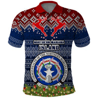 Northern Mariana Islands Christmas Polo Shirt Coat of Arms and Map Beautiful Merry Xmas Snowflake LT03 Blue - Polynesian Pride