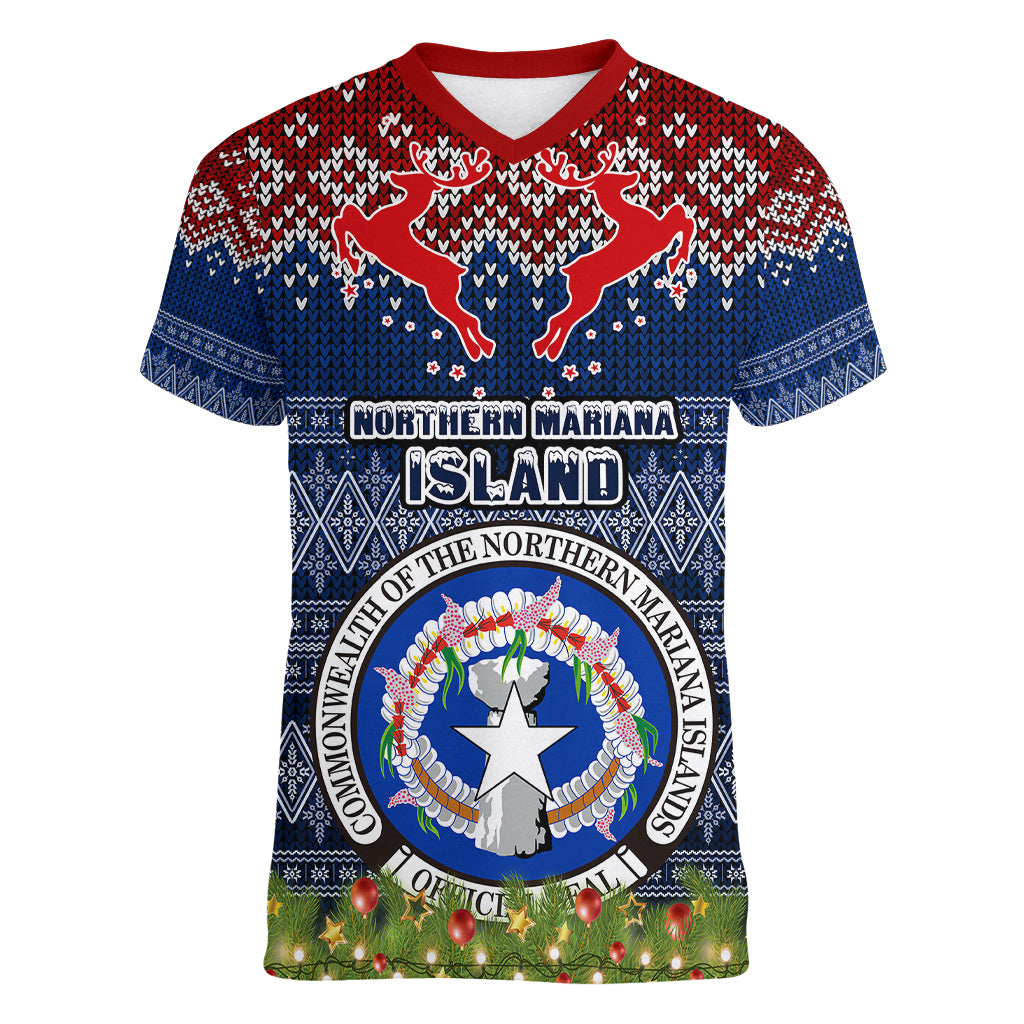 northern-mariana-islands-christmas-women-v-neck-t-shirt-coat-of-arms-and-map-beautiful-merry-xmas-snowflake