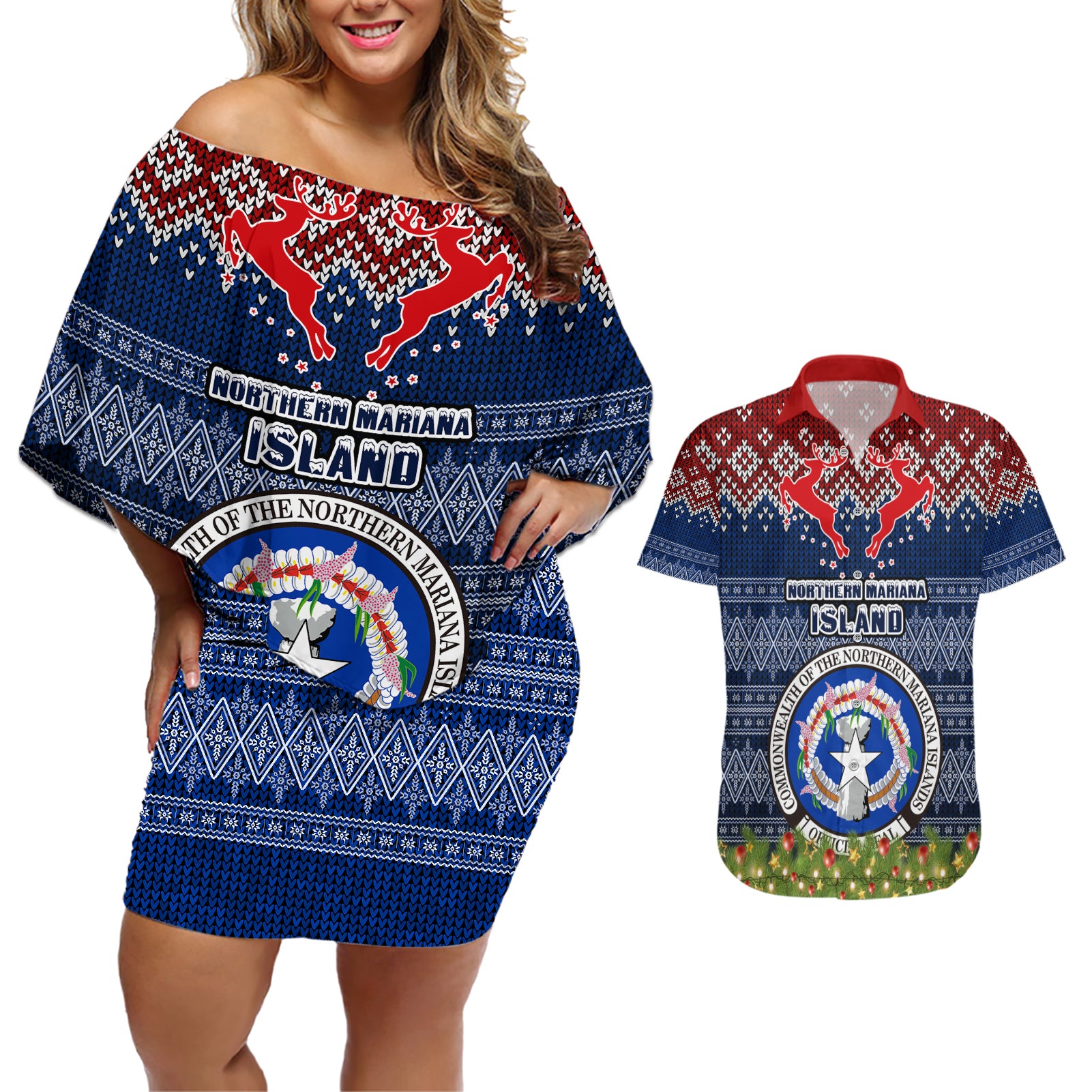 personalised-northern-mariana-islands-christmas-couples-matching-off-shoulder-short-dress-and-hawaiian-shirt-coat-of-arms-and-map-beautiful-merry-xmas-snowflake