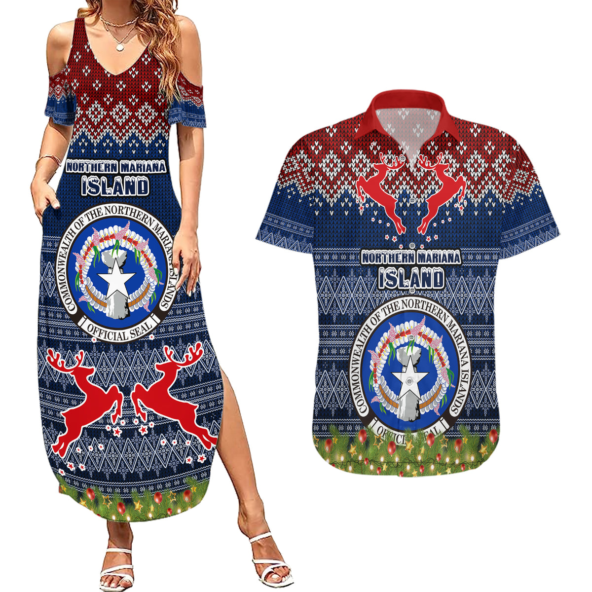 personalised-northern-mariana-islands-christmas-couples-matching-summer-maxi-dress-and-hawaiian-shirt-coat-of-arms-and-map-beautiful-merry-xmas-snowflake