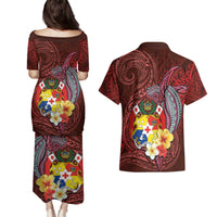 Tonga Humpback Whale Couples Matching Puletasi and Hawaiian Shirt National Seal with Hibiscus and Polynesian Tattoo LT03 - Polynesian Pride