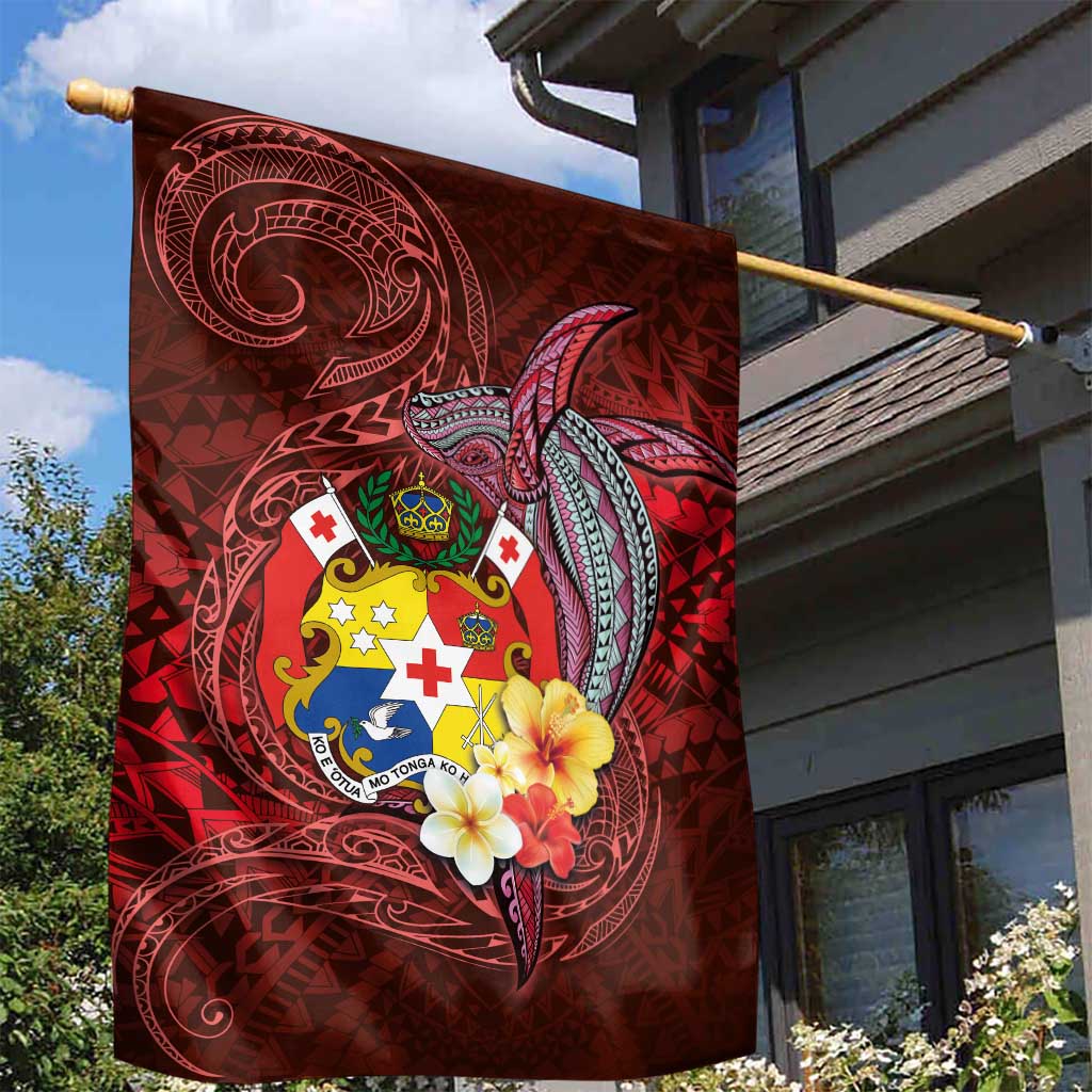 Tonga Humpback Whale Garden Flag National Seal with Hibiscus and Polynesian Tattoo LT03 - Polynesian Pride