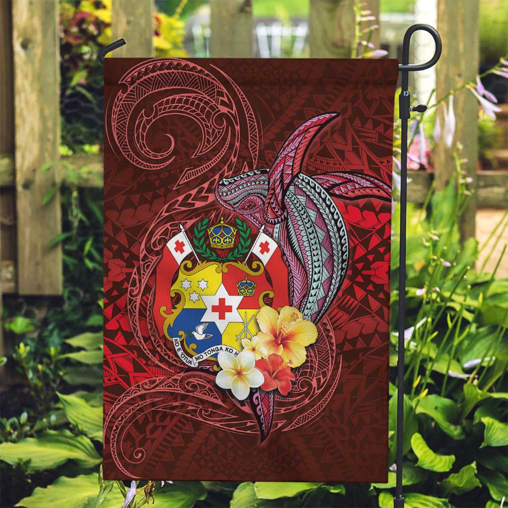 Tonga Humpback Whale Garden Flag National Seal with Hibiscus and Polynesian Tattoo LT03 Garden Flag Red - Polynesian Pride
