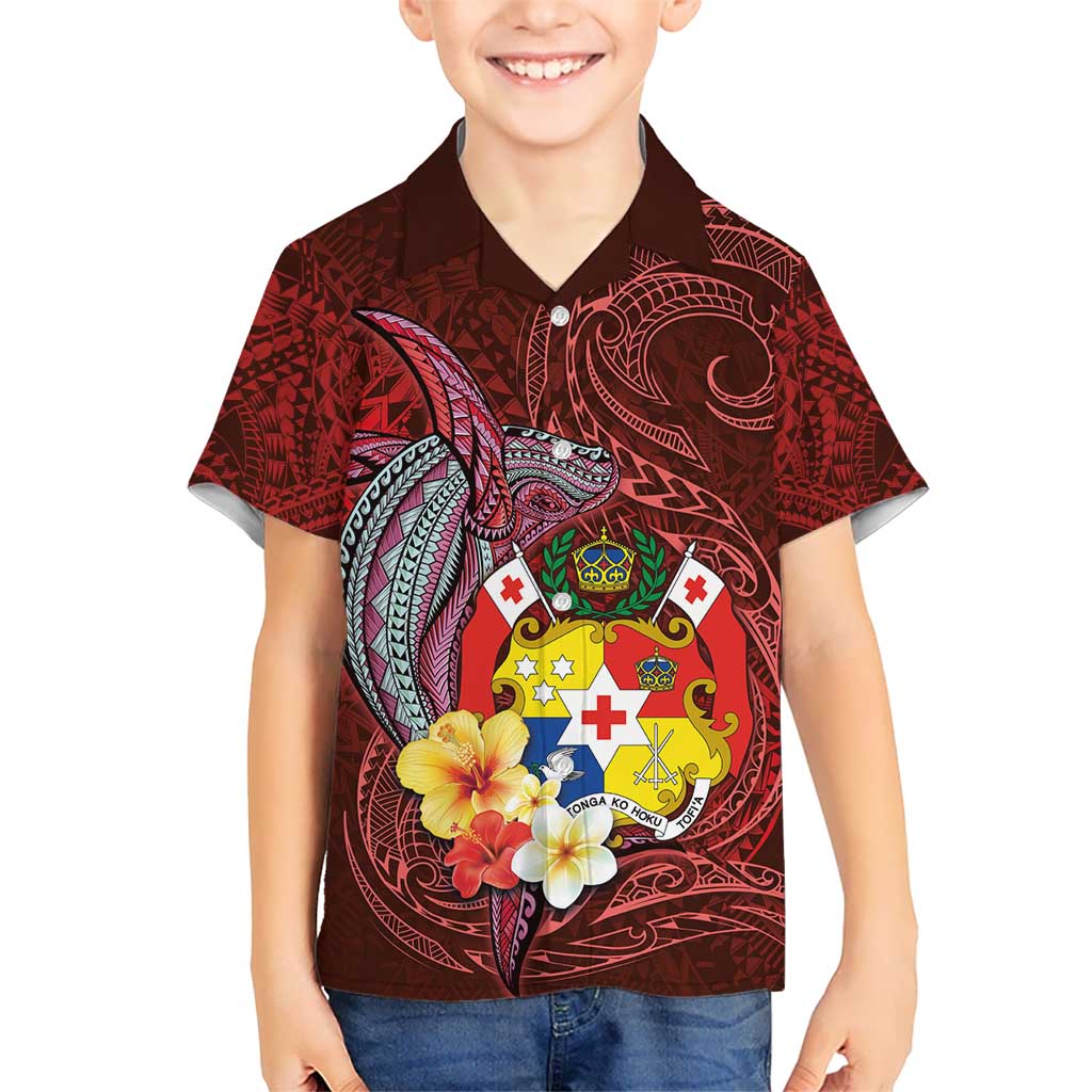 Tonga Humpback Whale Kid Hawaiian Shirt National Seal with Hibiscus and Polynesian Tattoo LT03 Kid Red - Polynesian Pride