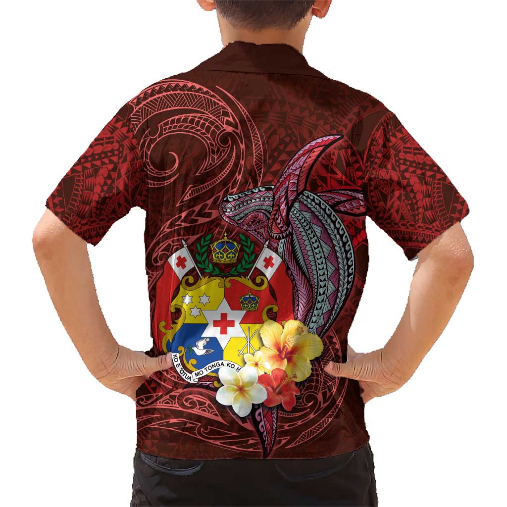 Tonga Humpback Whale Kid Hawaiian Shirt National Seal with Hibiscus and Polynesian Tattoo LT03 - Polynesian Pride