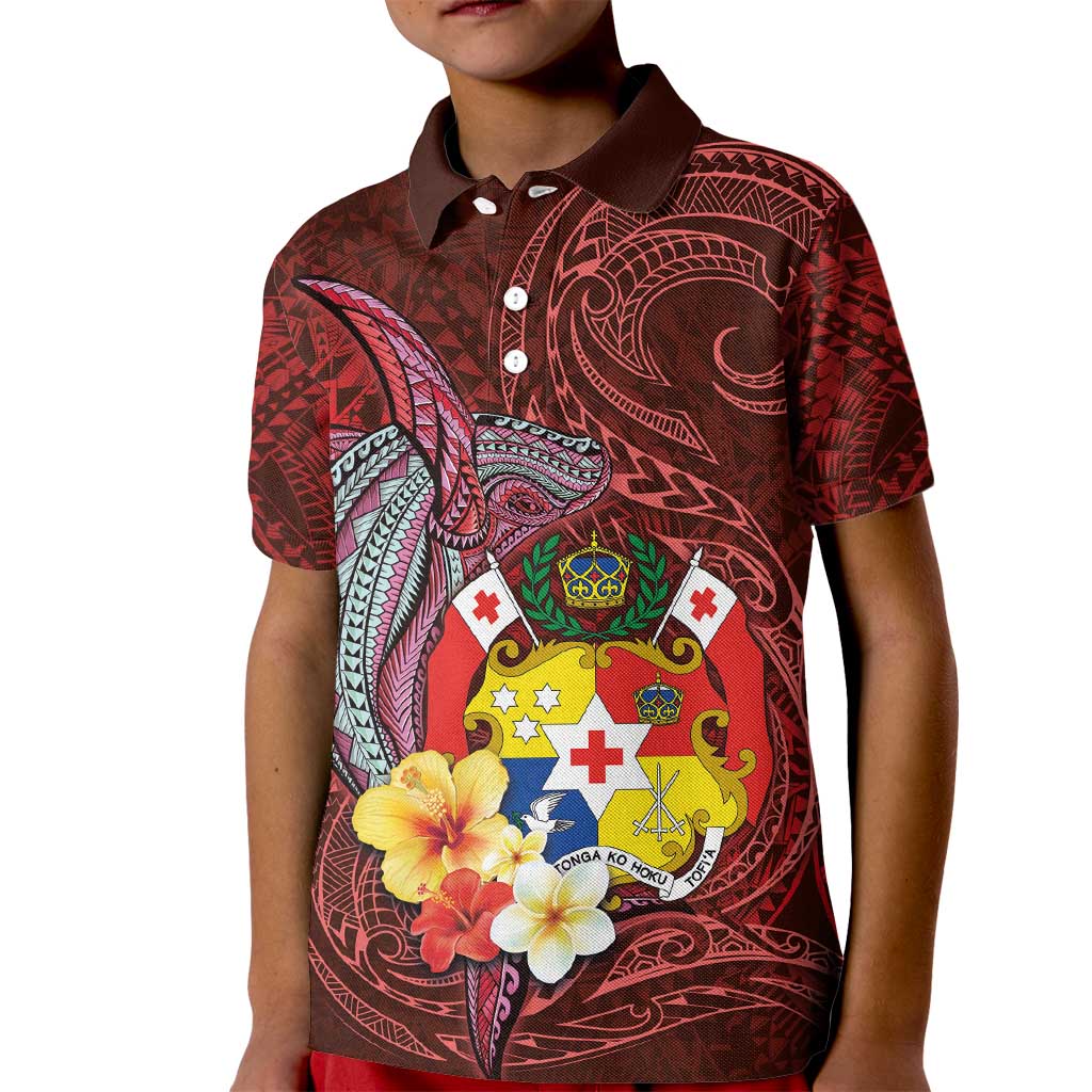 Tonga Humpback Whale Kid Polo Shirt National Seal with Hibiscus and Polynesian Tattoo LT03 Kid Red - Polynesian Pride