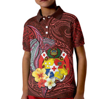 Tonga Humpback Whale Kid Polo Shirt National Seal with Hibiscus and Polynesian Tattoo LT03 Kid Red - Polynesian Pride
