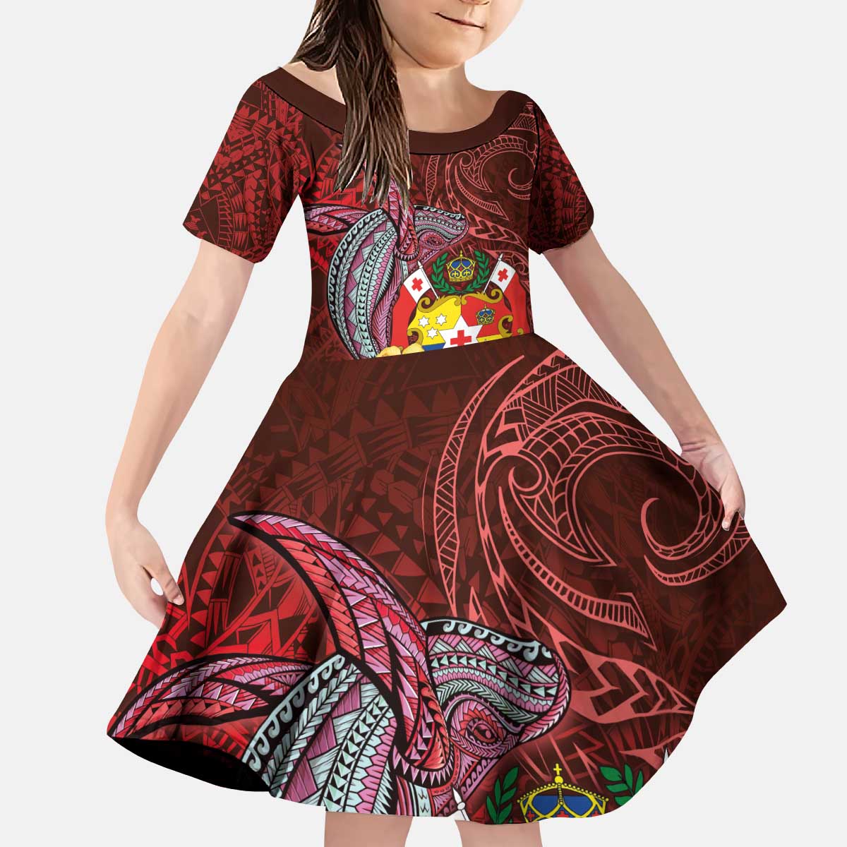 Tonga Humpback Whale Kid Short Sleeve Dress National Seal with Hibiscus and Polynesian Tattoo LT03 KID Red - Polynesian Pride