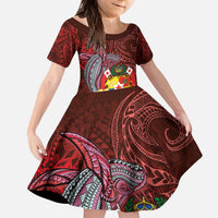 Tonga Humpback Whale Kid Short Sleeve Dress National Seal with Hibiscus and Polynesian Tattoo LT03 KID Red - Polynesian Pride
