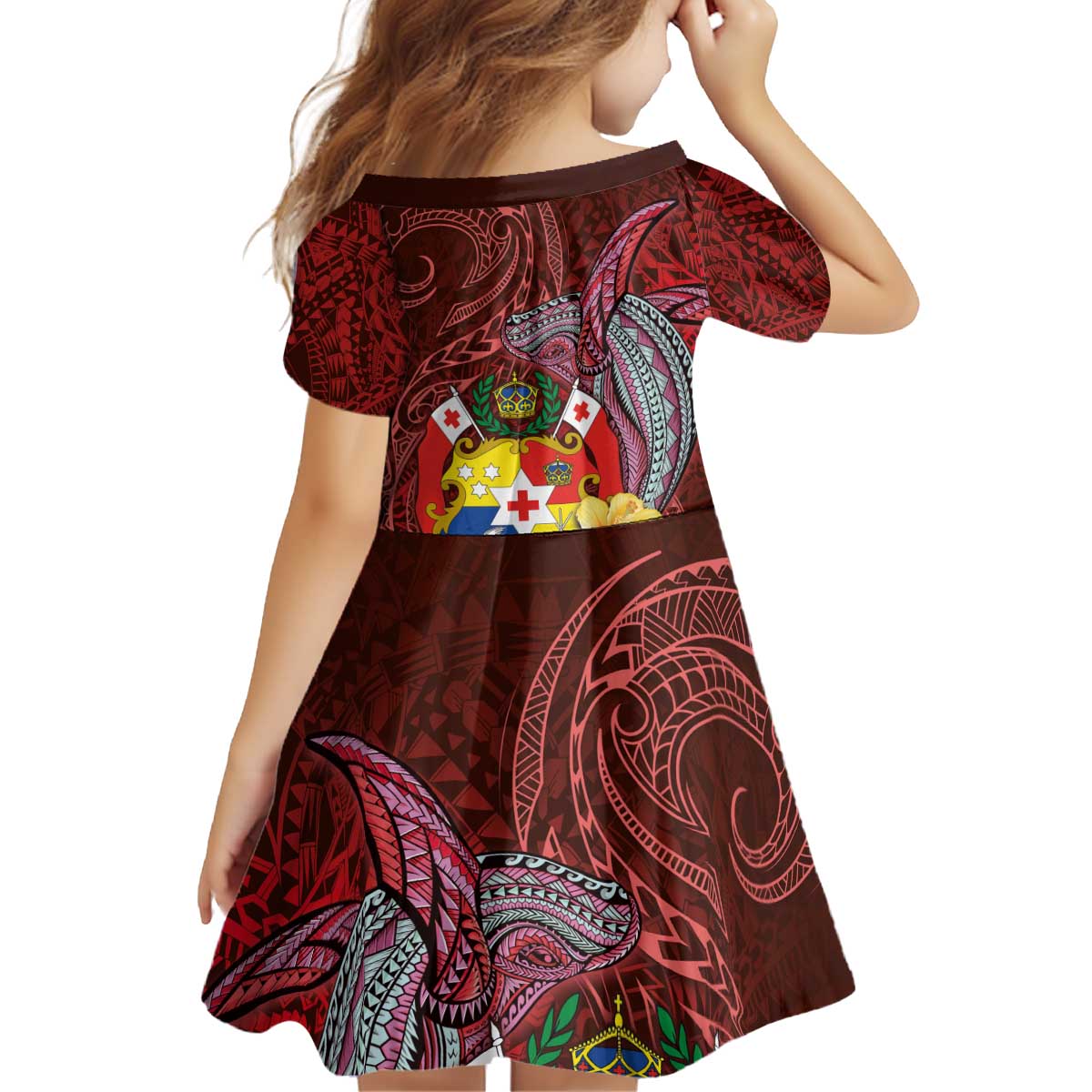 Tonga Humpback Whale Kid Short Sleeve Dress National Seal with Hibiscus and Polynesian Tattoo LT03 - Polynesian Pride