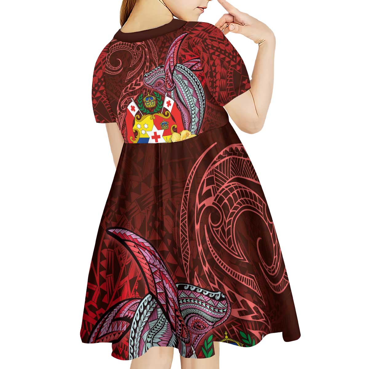 Tonga Humpback Whale Kid Short Sleeve Dress National Seal with Hibiscus and Polynesian Tattoo LT03 - Polynesian Pride