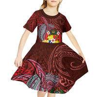 Tonga Humpback Whale Kid Short Sleeve Dress National Seal with Hibiscus and Polynesian Tattoo LT03 - Polynesian Pride