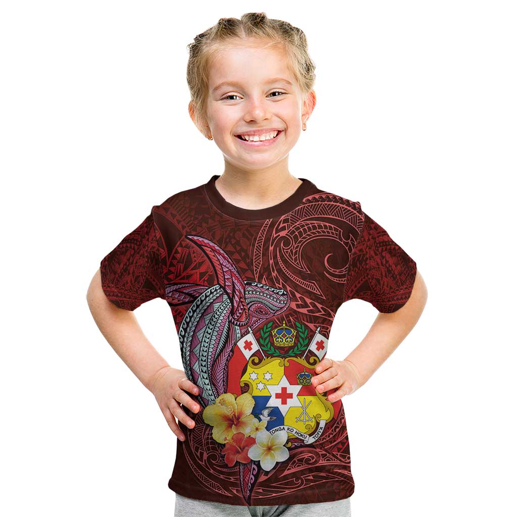 Tonga Humpback Whale Kid T Shirt National Seal with Hibiscus and Polynesian Tattoo LT03 Red - Polynesian Pride