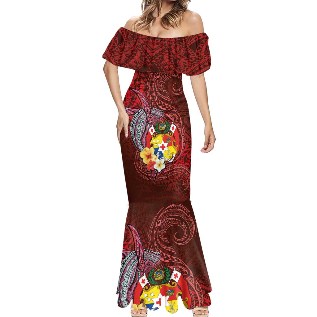 Tonga Humpback Whale Mermaid Dress National Seal with Hibiscus and Polynesian Tattoo