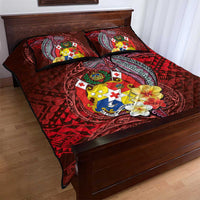 Tonga Humpback Whale Quilt Bed Set National Seal with Hibiscus and Polynesian Tattoo
