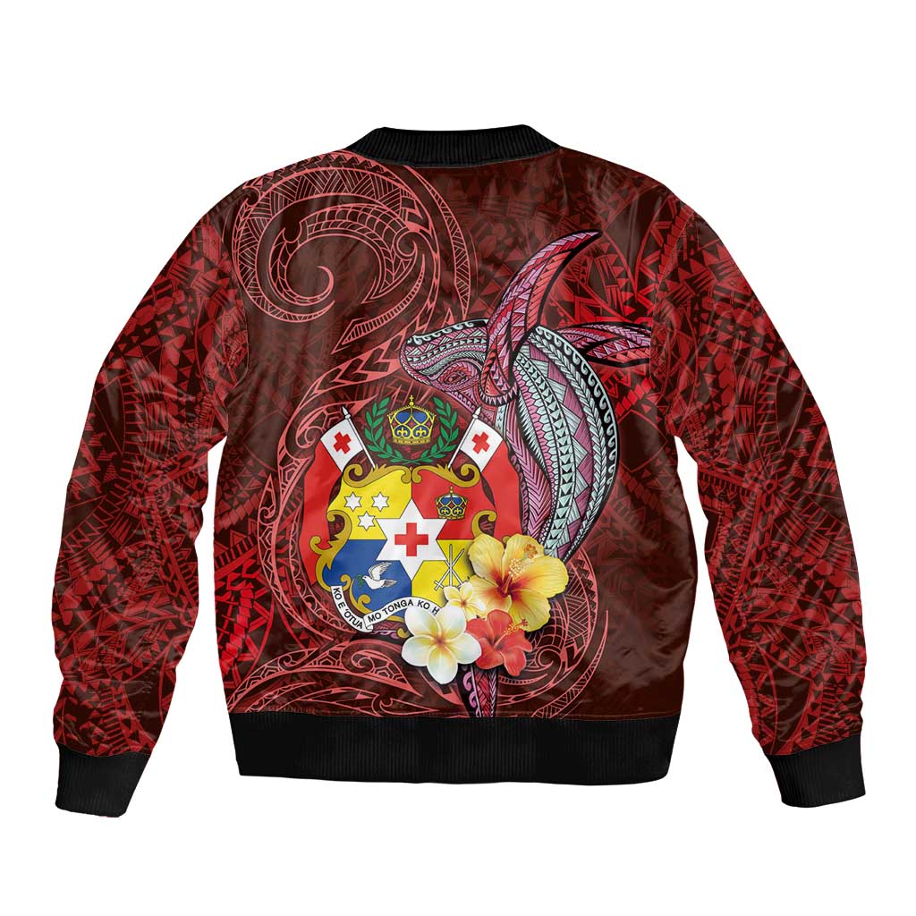 Tonga Humpback Whale Sleeve Zip Bomber Jacket National Seal with Hibiscus and Polynesian Tattoo