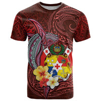 Tonga Humpback Whale T Shirt National Seal with Hibiscus and Polynesian Tattoo LT03 Red - Polynesian Pride