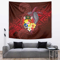Tonga Humpback Whale Tapestry National Seal with Hibiscus and Polynesian Tattoo LT03 Red - Polynesian Pride